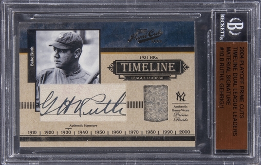 2004 Playoff Prime Cuts Timeline Dual League Leaders Material Signature #10 Babe Ruth/Lou Gehrig Dual Signed Dual Jersey Card (#1/1) - BGS Authentic